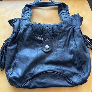 BLACK BOHO BAG, BLACK LEATHER  side tassels, braided fold, shoulder bag, clean